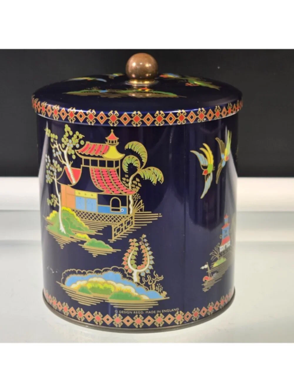 Vintage Daher Design Candy Biscuit Tin Made in England Navy Blue Asian Themed